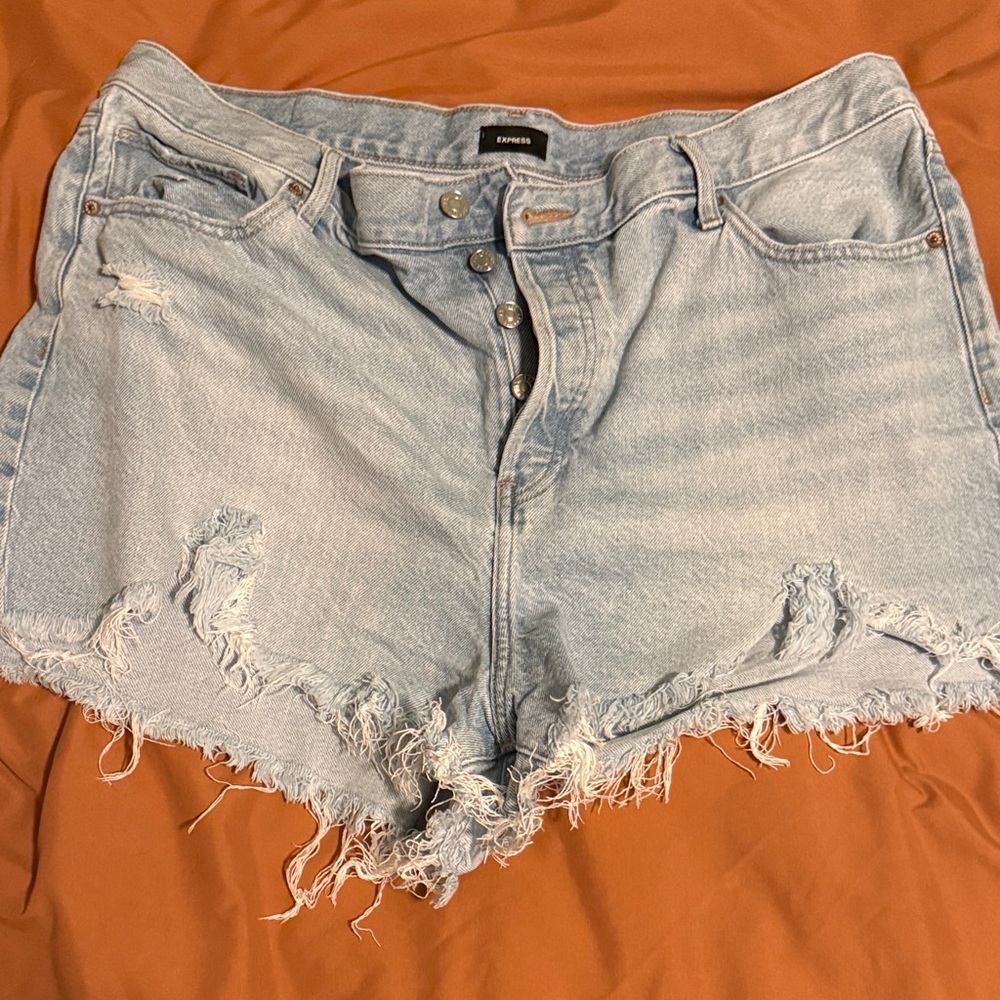Express Light Blue Frayed Hem Jean Shorts